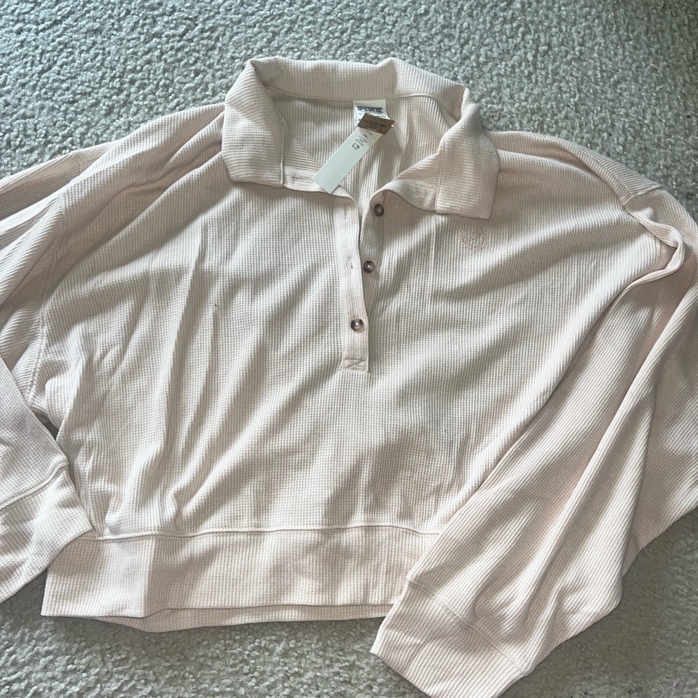🆕 Victorias Secret Oatmeal Waffle Knit Crop Long Sleeve Button Down Tee Sz XXL